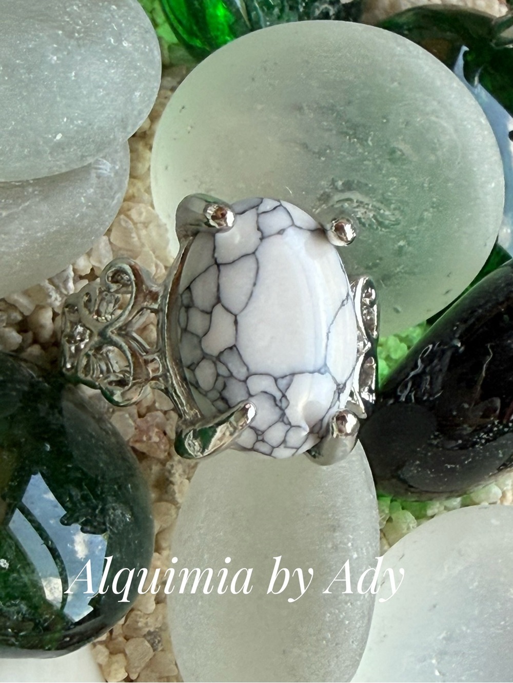 Boho + White Howlite oval Ring with Silver Accents